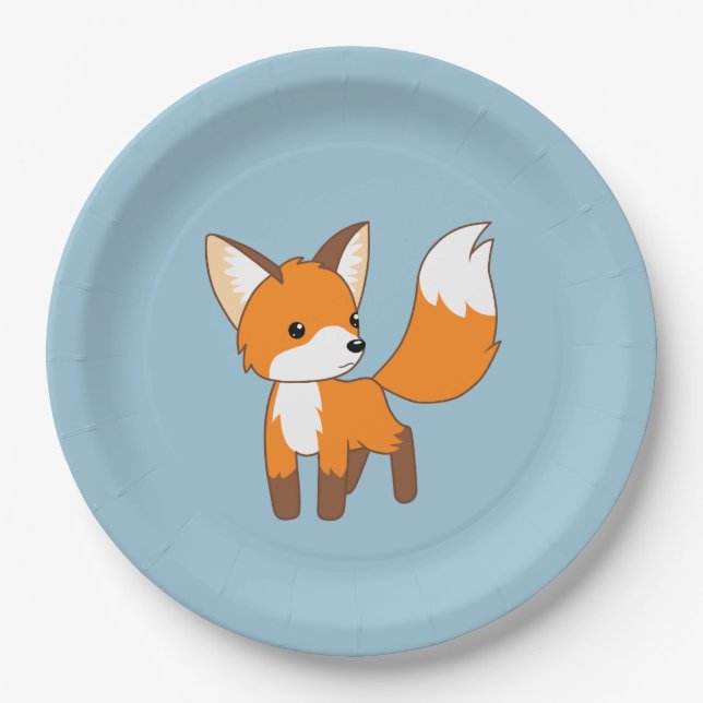 Curious Little Fox on Blue Paper Plates (Front)