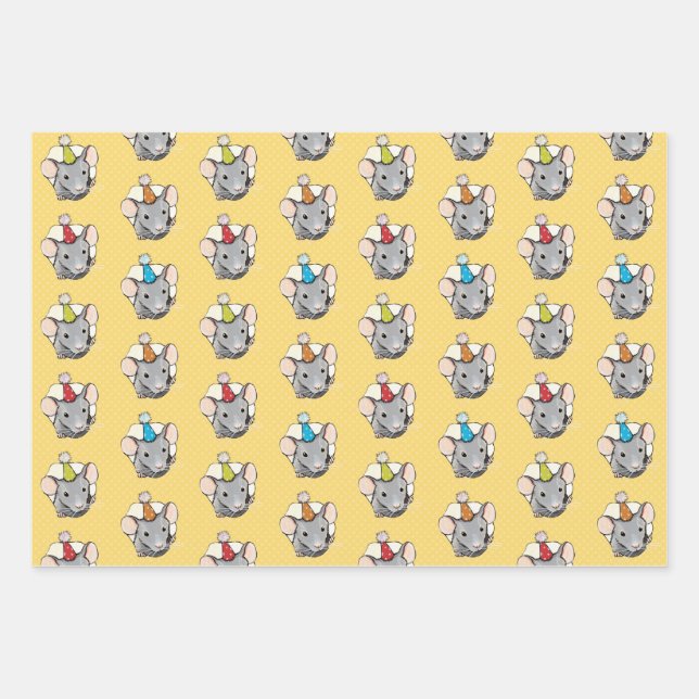 Curious Little Mice in Birthday Hats Pattern Wrapping Paper Sheets (Front)