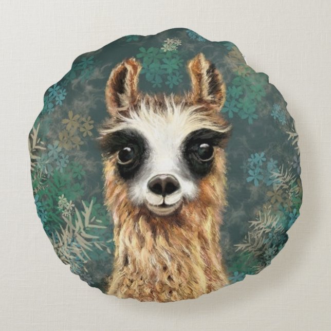 Curious Llama Funny Round Pillow (Back)