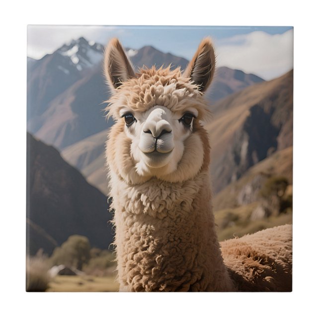 Curious Llama Mountain Portrait Ceramic Tile (Front)
