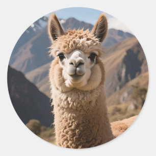 Curious Llama Mountain Portrait Classic Round Sticker
