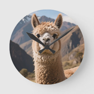 Curious Llama Mountain Portrait Round Clock