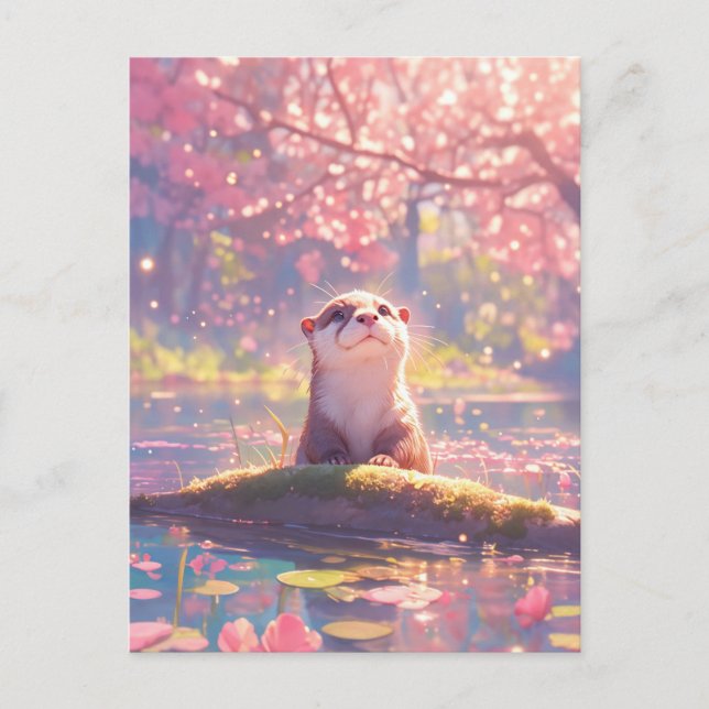 Curious Otter in Pink Cherry Blossom Pond Postcard (Front)