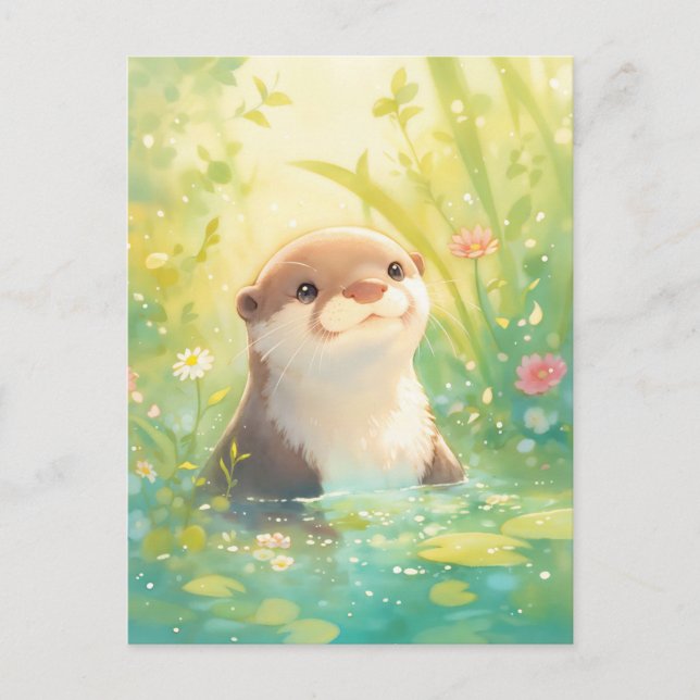 Curious Otter in Sunny Lily Pond Postcard (Front)
