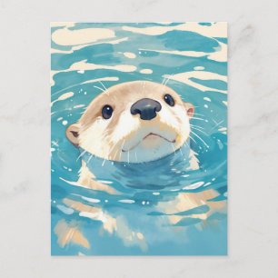 Curious Otter Peeking from Blue Water Postcard