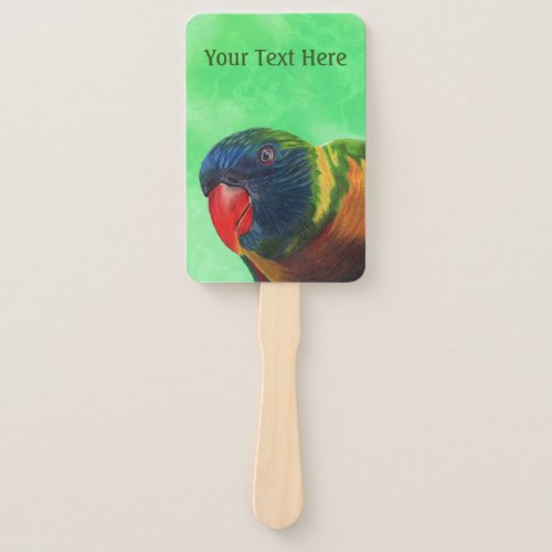 Curious Parrot Colorful Feathers Red Beak on Green Hand Fan