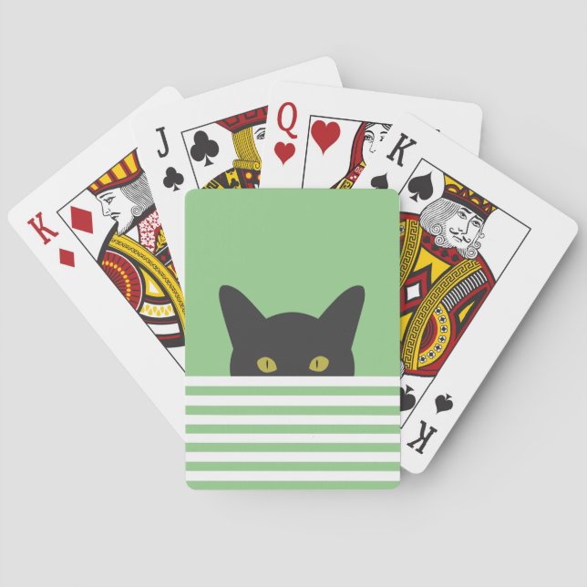 Curious Peeking Black Cat Green Stripe  Poker Cards (Back)