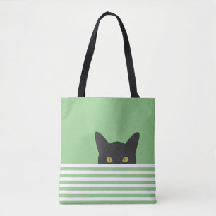 Curious Peeking Black Cat Green Stripe Tote Bag
