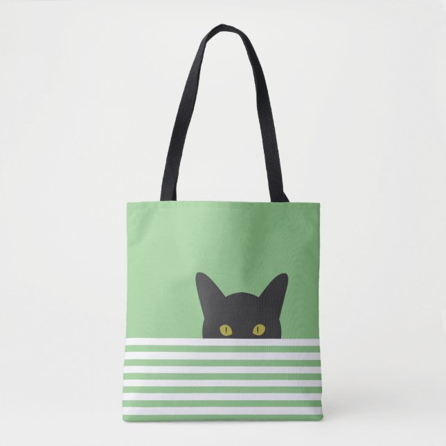 Curious Peeking Black Cat Green Stripe  Tote Bag (Front)