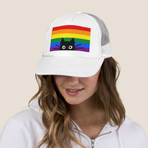 Curious Peeking Black Cat with Rainbow Flag Trucker Hat