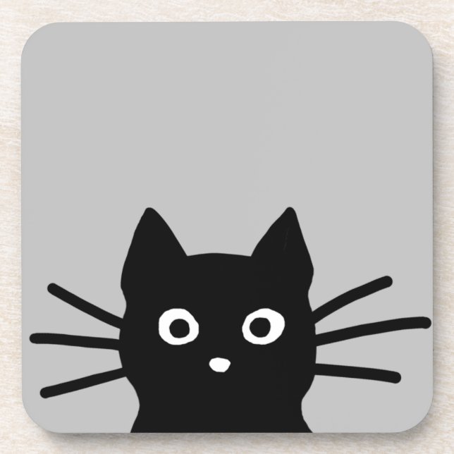 Curious Peeking Black Kitty Cat | Funny Animal Art Beverage Coaster (Front)