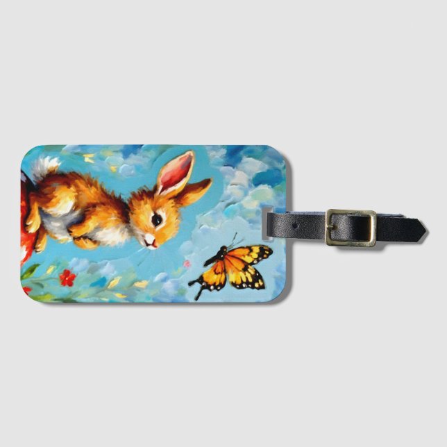Curious Rabbit and the Butterfly Luggage Tag (Front Horizontal)