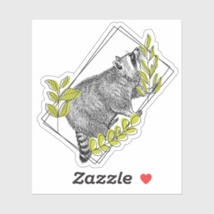 Curious Raccoon and Lime Green Foliage - Engraving Sticker