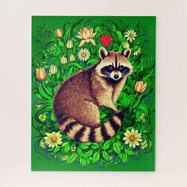  Curious Raccoon in a Colorful Flower Garden Jigsaw Puzzle (Vertical)