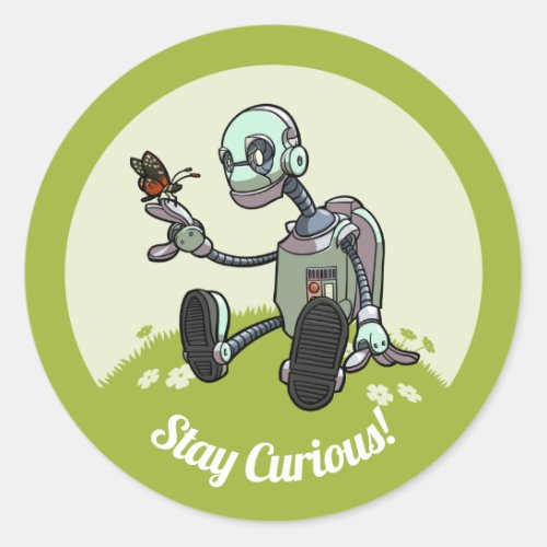 Curious Robot Sees His First Butterfly Cartoon Classic Round Sticker