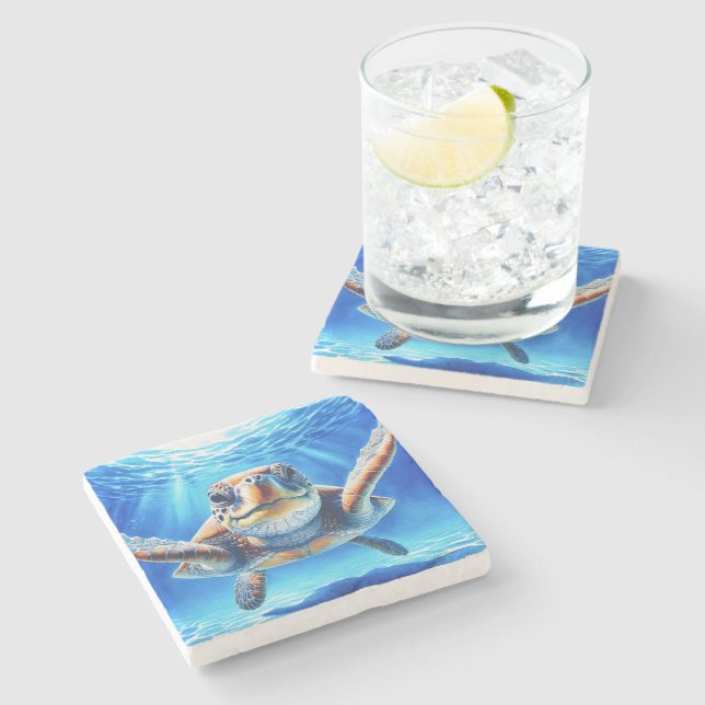 Curious Sea Turtle  Stone Coaster (Side)