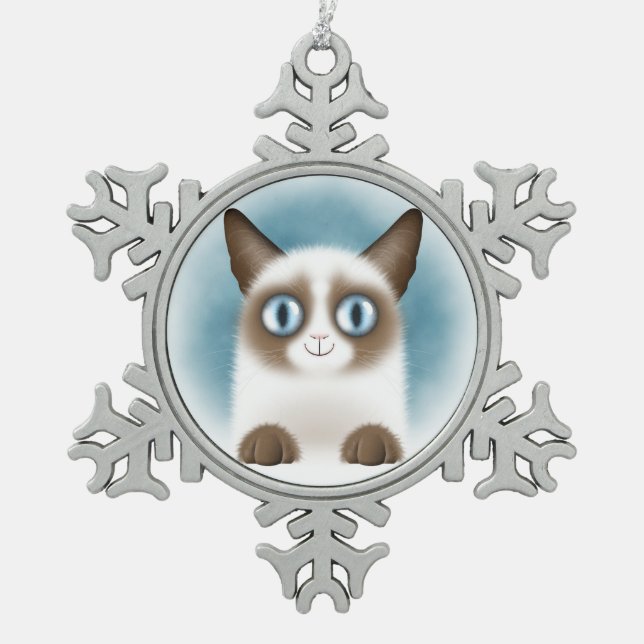 Curious Siamese Kitten Snowflake Pewter Christmas Ornament (Front)
