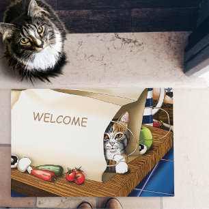 Curious Tabby Cat Grocery Bag Blue Cute      Doormat