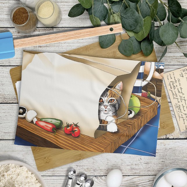 Curious Tabby Cat Grocery Bag Blue Cute      Kitchen Towel (Creator Uploaded)