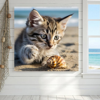 Curious Tabby Kitten Seashell Beach Art