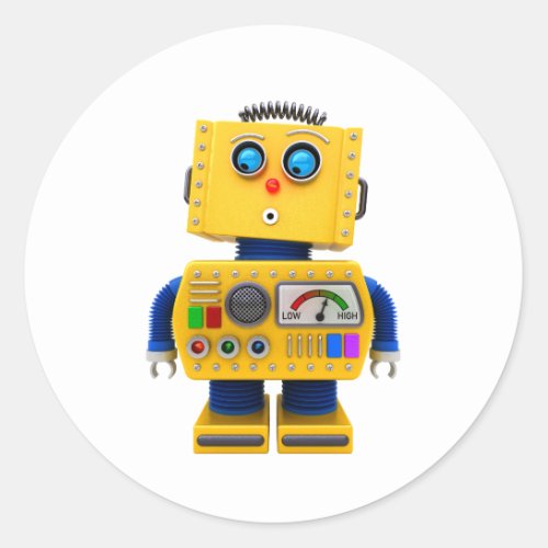 Curious toy robot looking down classic round sticker