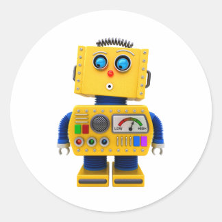 Curious toy robot looking down classic round sticker