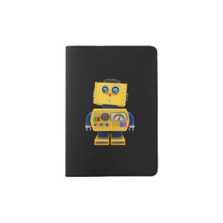 Curious toy robot looking down passport holder