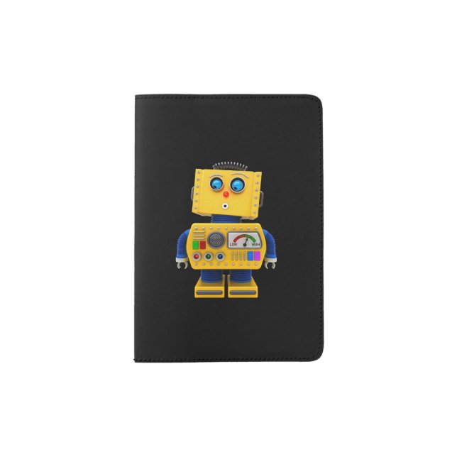 Curious toy robot looking down passport holder (Front)