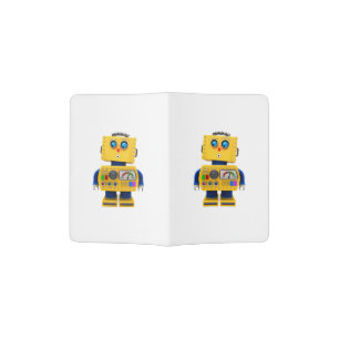 Curious toy robot looking down passport holder