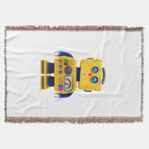 Curious toy robot looking down throw blanket