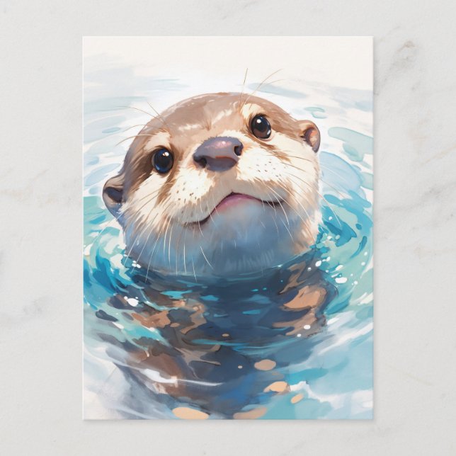 Curious Watercolor Otter in Blue Water Postcard (Front)