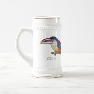 Curl crested aracari bird cartoon illustration beer stein