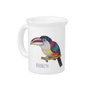 Curl crested aracari bird cartoon illustration beverage pitcher