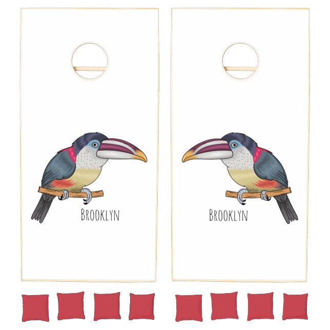 Curl crested aracari bird cartoon illustration cornhole set (Set)