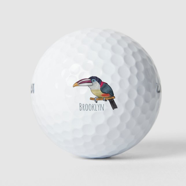 Curl crested aracari bird cartoon illustration golf balls (Front)
