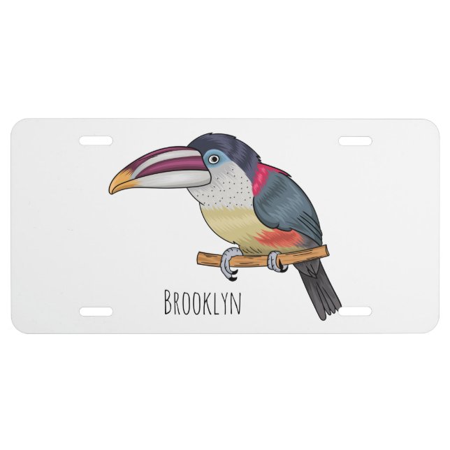 Curl crested aracari bird cartoon illustration  license plate (Front)