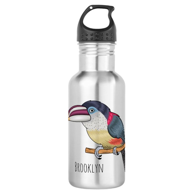 Curl crested aracari bird cartoon illustration  stainless steel water bottle (Front)