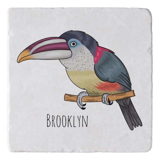 Curl crested aracari bird cartoon illustration  trivet (Front)