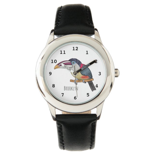 Curl crested aracari bird cartoon illustration watch (Front)