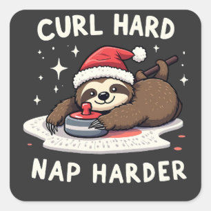 Curl Hard Nap Harder Curling Sport Sloth Xmas Square Sticker