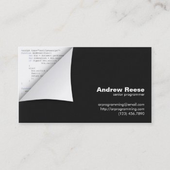 Curled Corner With Program Coding - Javascript Business Card by fireflidesigns at Zazzle