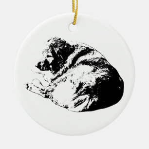 Curled Dog Ink Accent Glows On Festive Tree Ceramic Ornament
