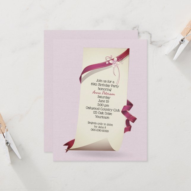 Curled Paper For 69th Birthday Party Invitation (Front/Back In Situ)