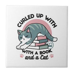 Curled Up with a Book and a Cat - Cozy Cat Reading Ceramic Tile