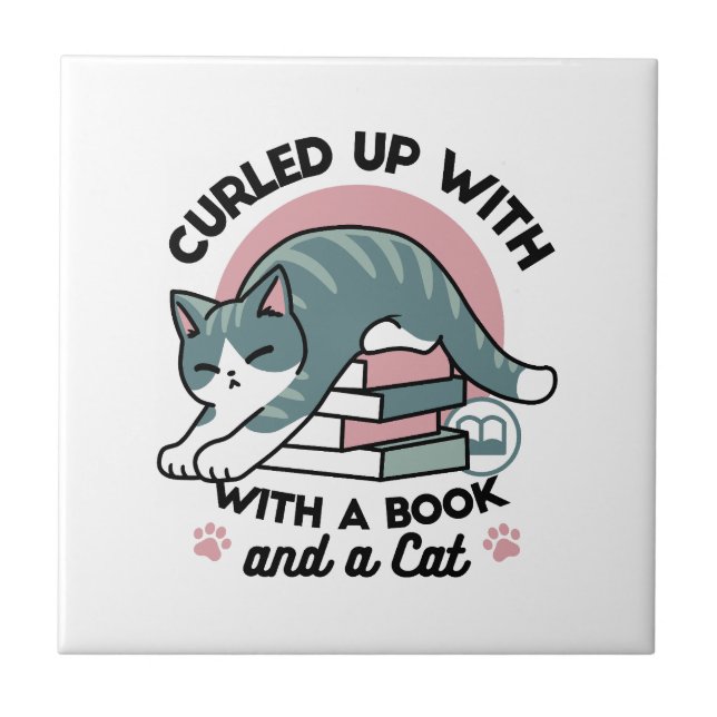 Curled Up with a Book and a Cat - Cozy Cat Reading Ceramic Tile (Front)