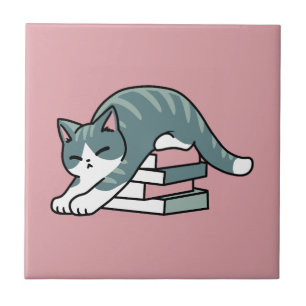 Curled Up with a Book and a Cat - Cozy Cat Reading Ceramic Tile