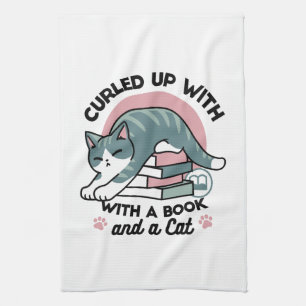Curled Up with a Book and a Cat - Cozy Cat Reading Kitchen Towel