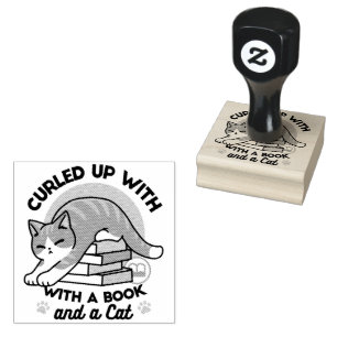 Curled Up with a Book and a Cat - Cozy Cat Reading Rubber Stamp