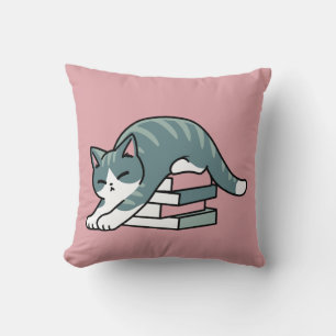 Curled Up with a Book and a Cat - Cozy Cat Reading Throw Pillow