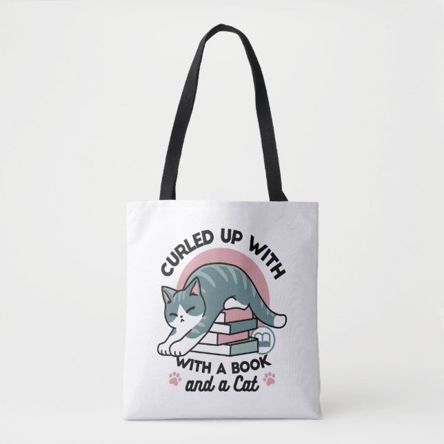 Curled Up with a Book and a Cat - Cozy Cat Reading Tote Bag (Front)
